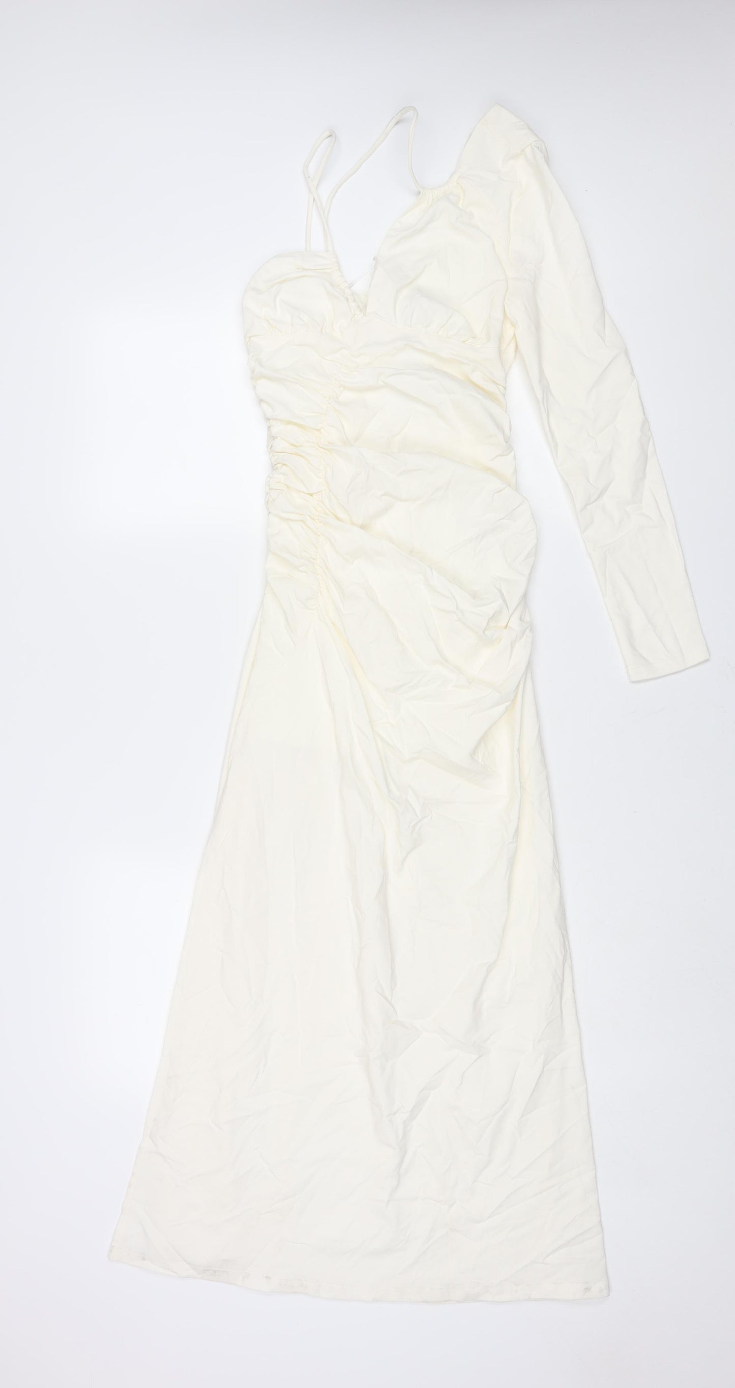 Stradivarius Womens Ivory Polyester Maxi Size S One Shoulder Zip - Rouched Drawstring Strap Detail
