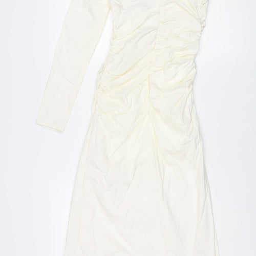 Stradivarius Womens Ivory Polyester Maxi Size S One Shoulder Zip - Rouched Drawstring Strap Detail