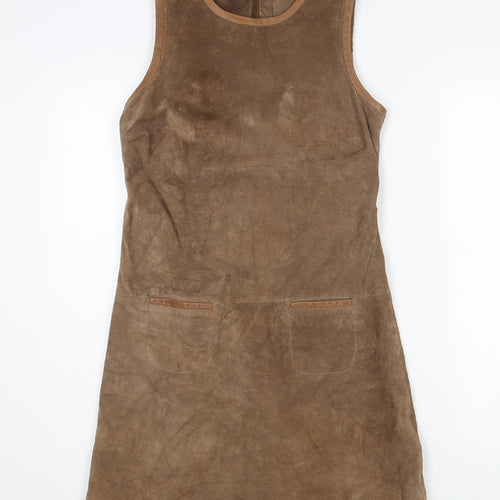 Hallhuber Womens Brown Acetate Shift Size 10 Round Neck Zip - Suede Type Fabric Pocket