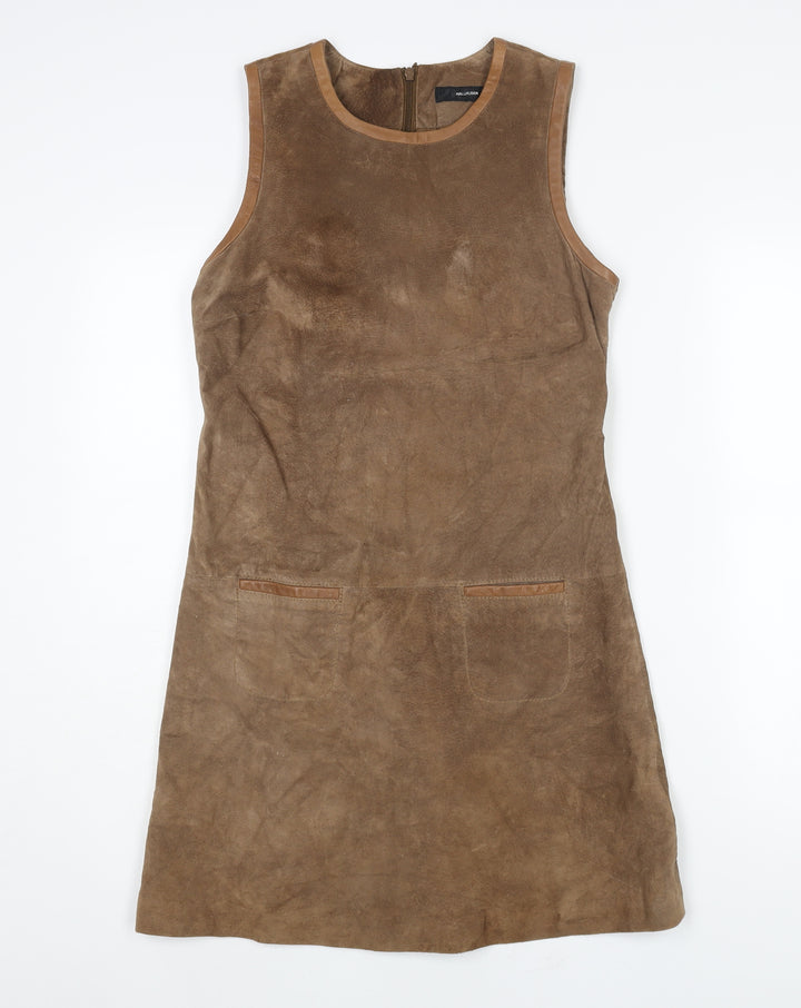 Hallhuber Womens Brown Acetate Shift Size 10 Round Neck Zip - Suede Type Fabric Pocket