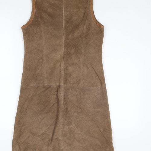 Hallhuber Womens Brown Acetate Shift Size 10 Round Neck Zip - Suede Type Fabric Pocket