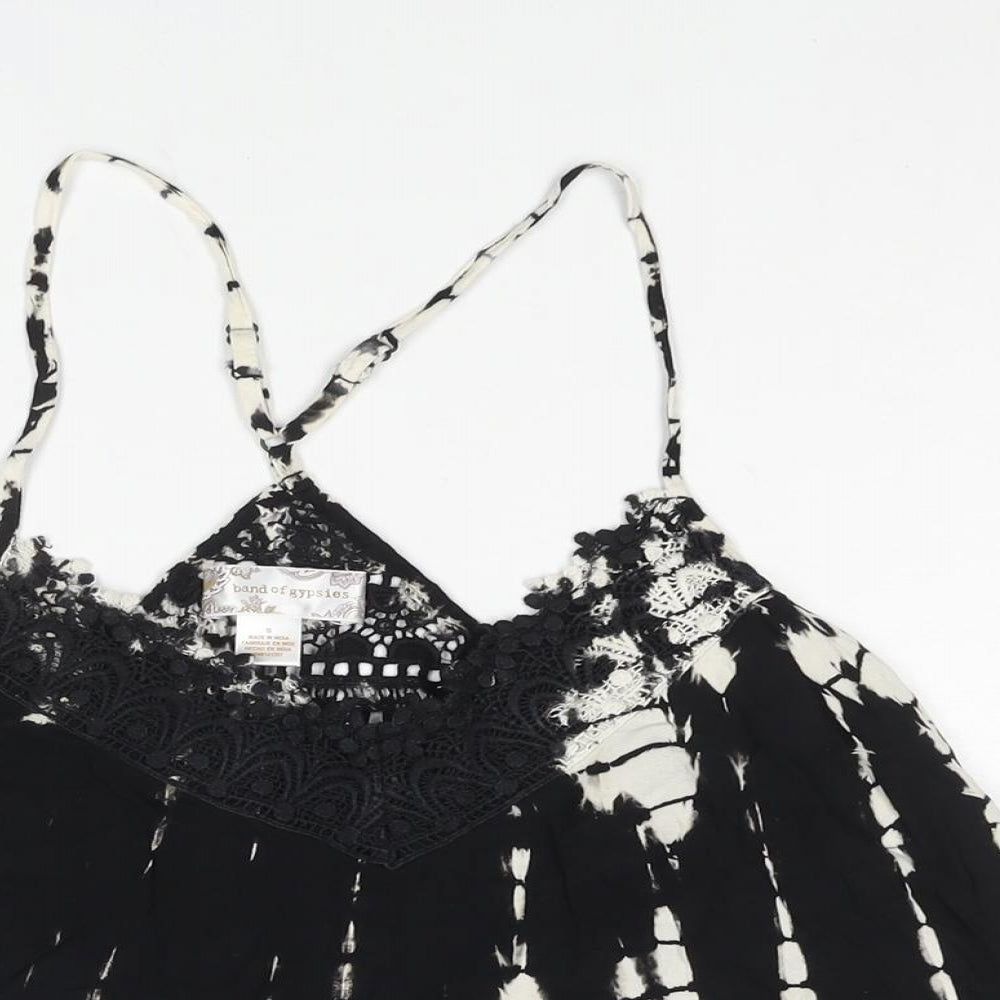 Band of Gypsies Womens Black Geometric Polyester Camisole Blouse Size S V-Neck - Tie Dye Lace Trim