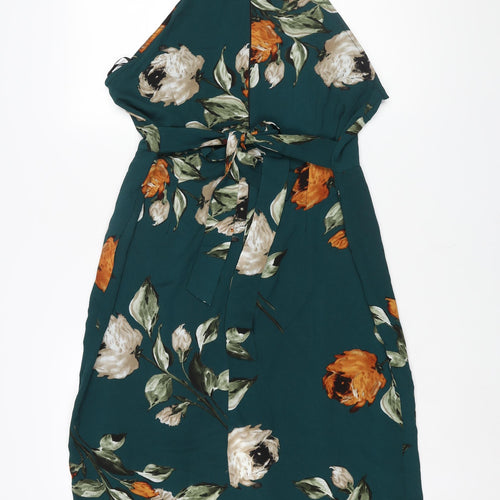 AX Paris Womens Green Floral Polyester Shift Size 14 Mock Neck Zip - Belted