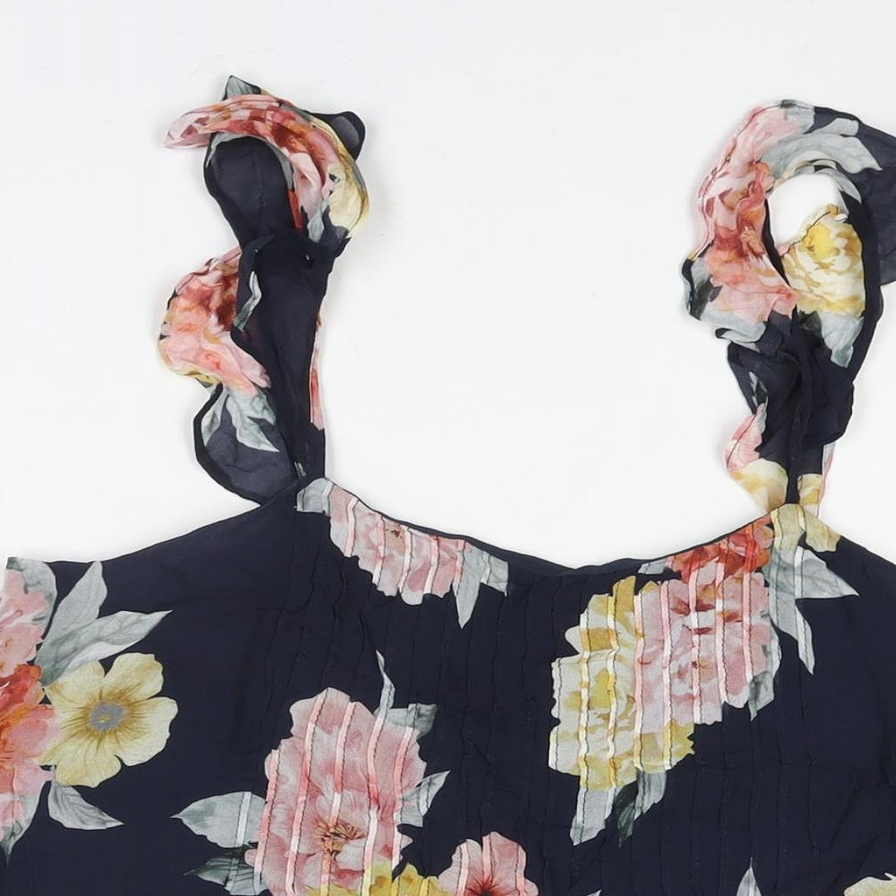 Forever New Womens Blue Floral Polyester Camisole Blouse Size 12 Scoop Neck - Frill Sleeve