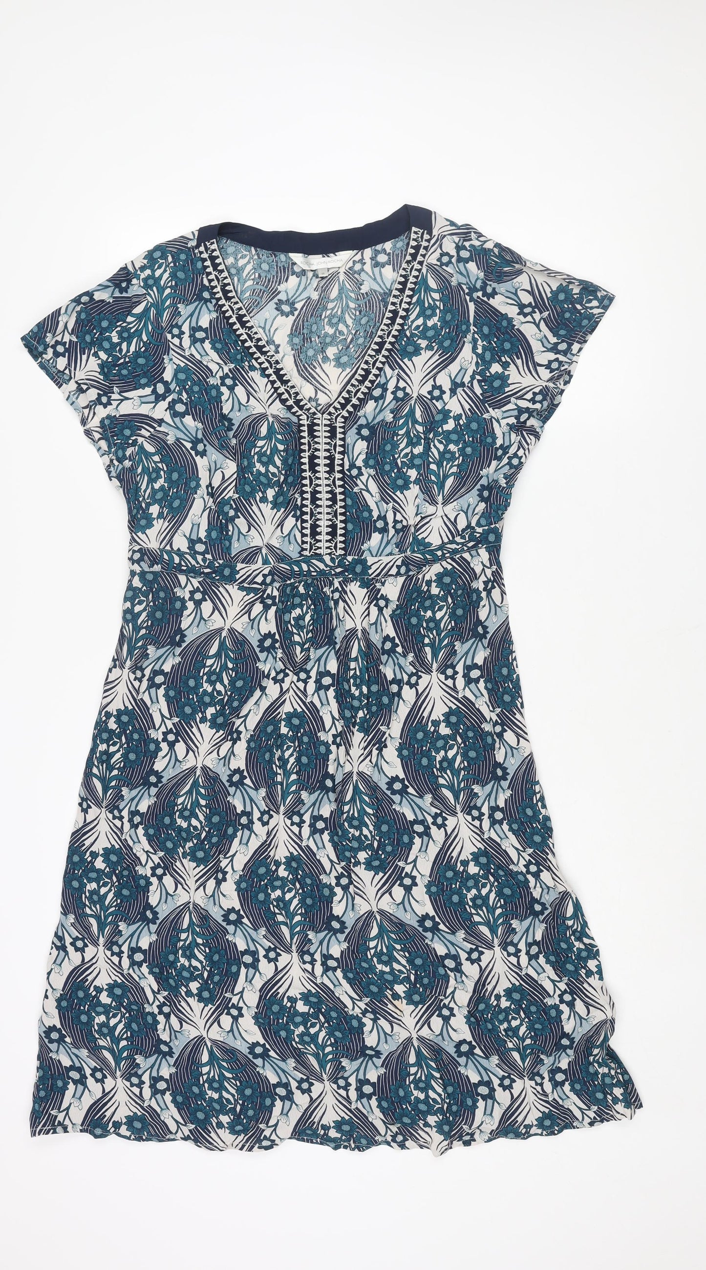 RJR.John Rocha Womens Blue Geometric Polyester Shift Size 14 V-Neck Pullover - Embroidered Neckline Belted