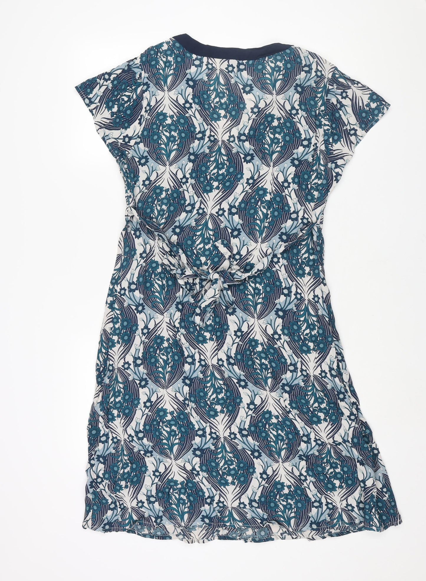 RJR.John Rocha Womens Blue Geometric Polyester Shift Size 14 V-Neck Pullover - Embroidered Neckline Belted