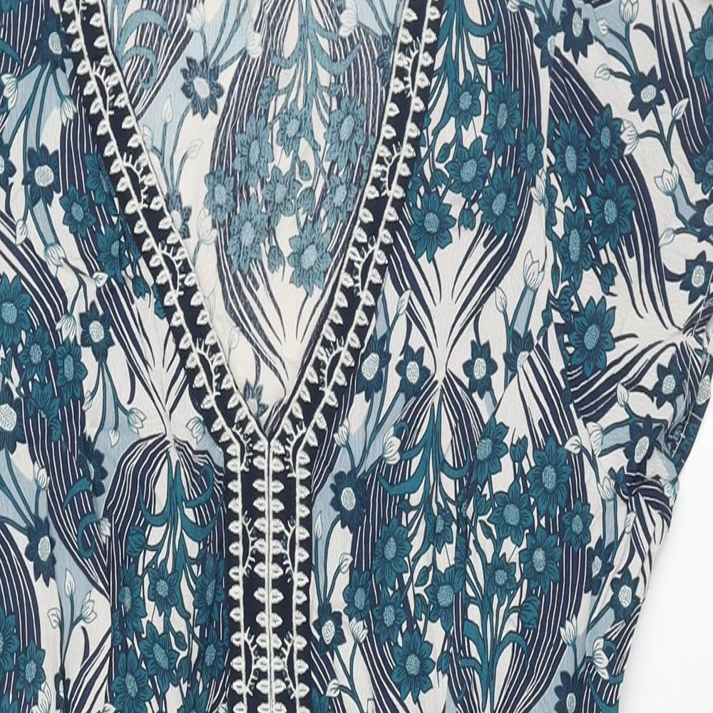 RJR.John Rocha Womens Blue Geometric Polyester Shift Size 14 V-Neck Pullover - Embroidered Neckline Belted