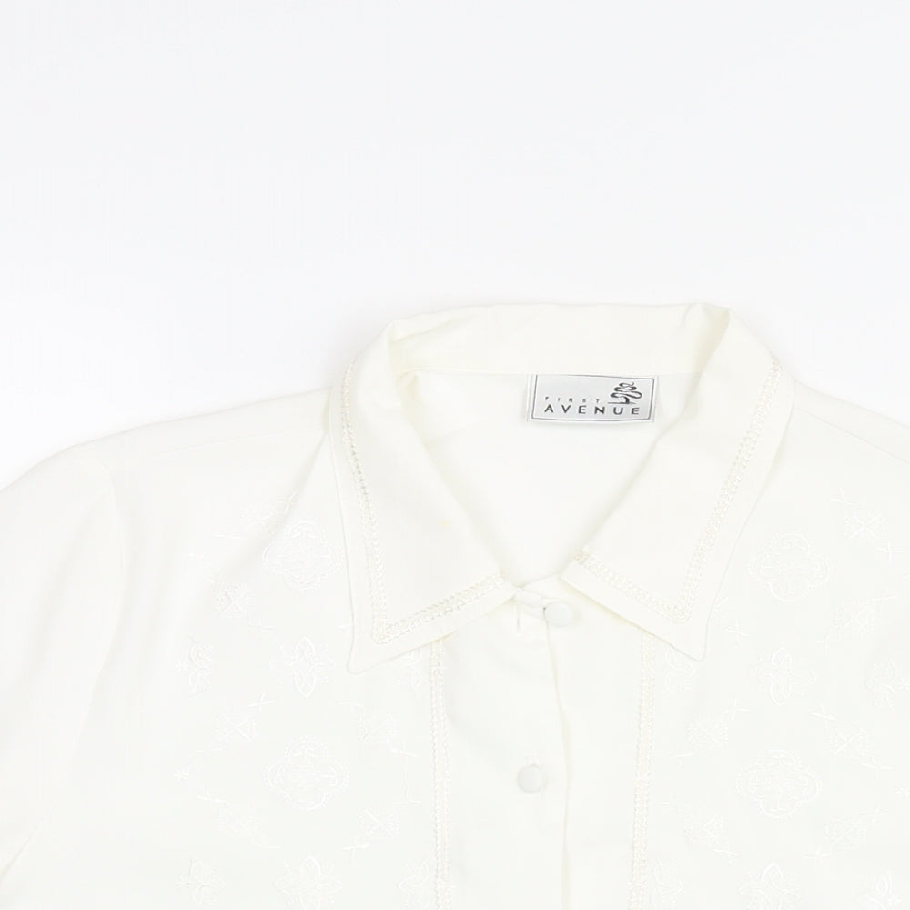 First Avenue Womens White Polyester Basic Blouse Size 12 Collared - Embroidered Detail