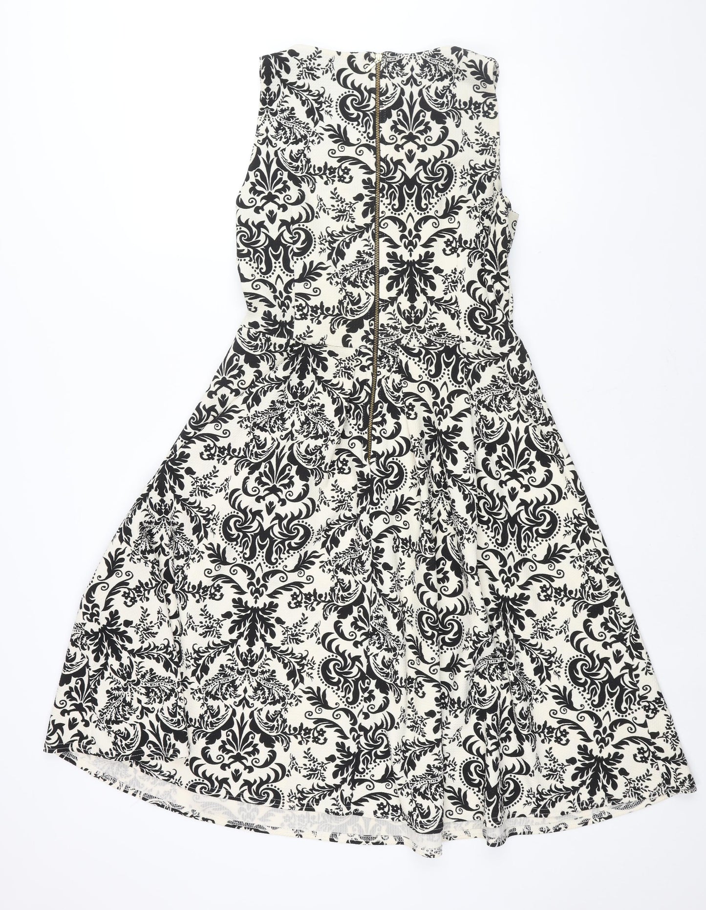 Closet Womens Ivory Geometric Polyester Fit & Flare Size 14 Round Neck Zip