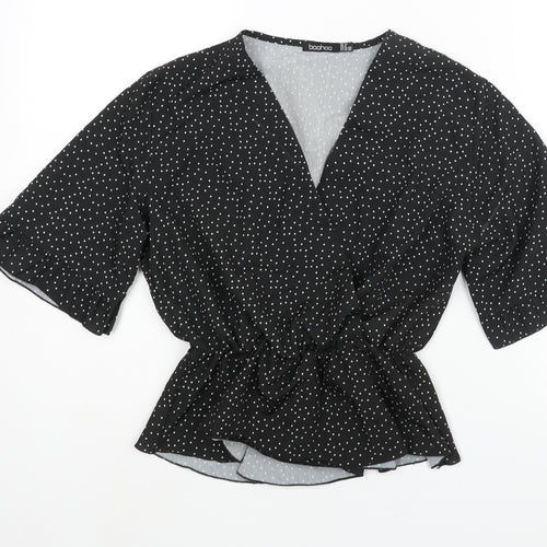 Boohoo Womens Black Polka Dot Polyester Basic Blouse Size 10 V-Neck - Peplum