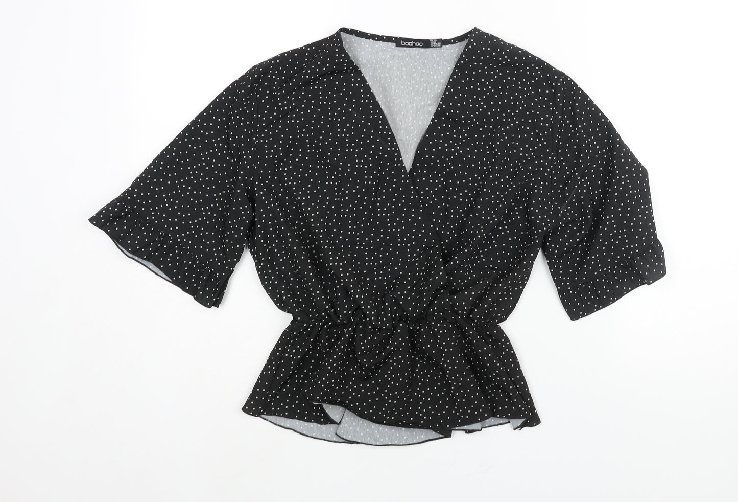 Boohoo Womens Black Polka Dot Polyester Basic Blouse Size 10 V-Neck - Peplum