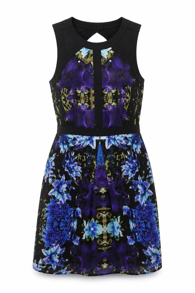 Front view of Limited Edition women’s multicoloured geometric polyester shift, size UK 8, round neck zip - cut out detail