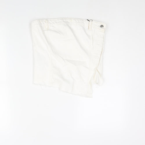 Zara Womens White Cotton Cropped Blouse Size L Square Neck - Asymmetric Raw Hem