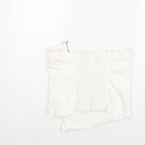 Zara Womens White Cotton Cropped Blouse Size L Square Neck - Asymmetric Raw Hem