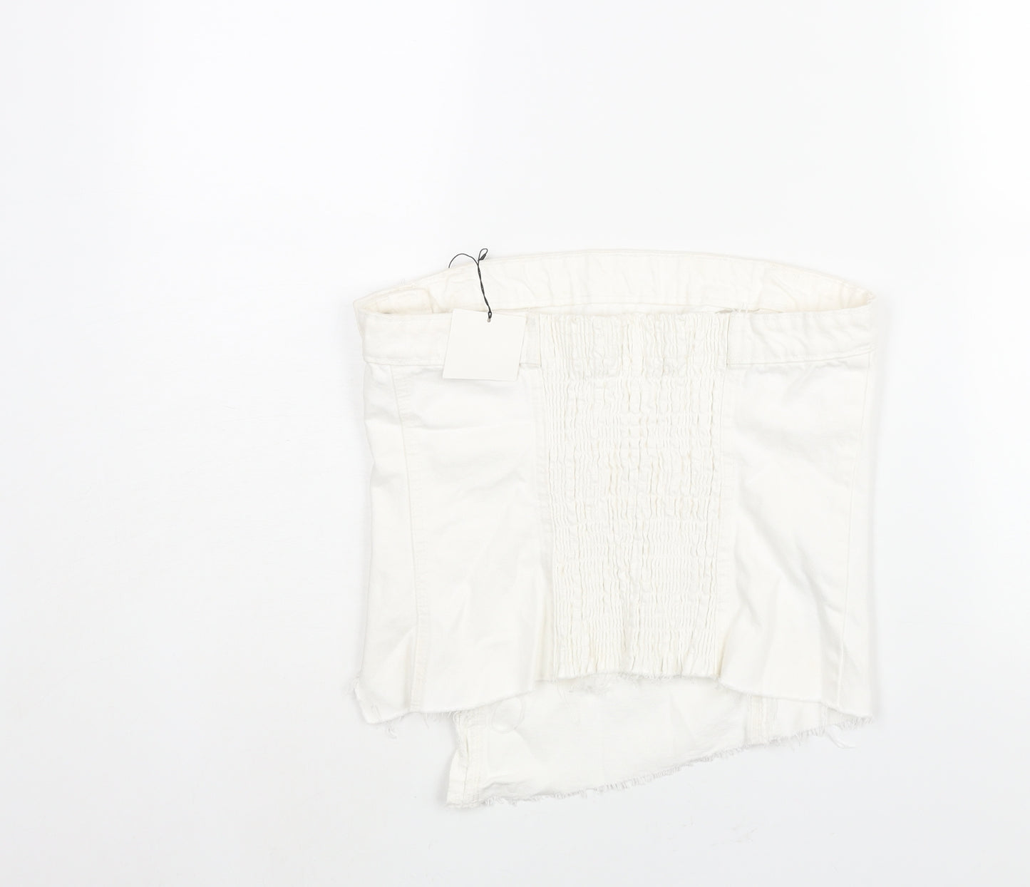 Zara Womens White Cotton Cropped Blouse Size L Square Neck - Asymmetric Raw Hem