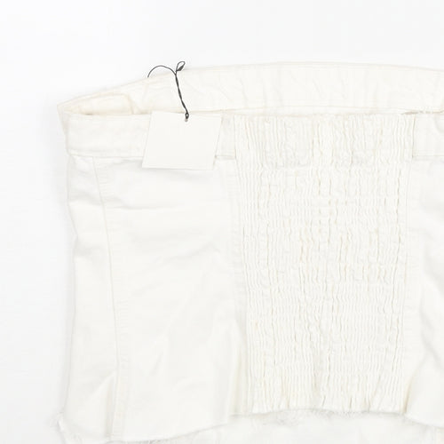 Zara Womens White Cotton Cropped Blouse Size L Square Neck - Asymmetric Raw Hem