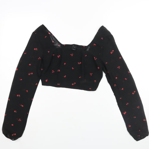 FACTORIE Womens Black Floral Polyester Cropped Blouse Size 8 Square Neck
