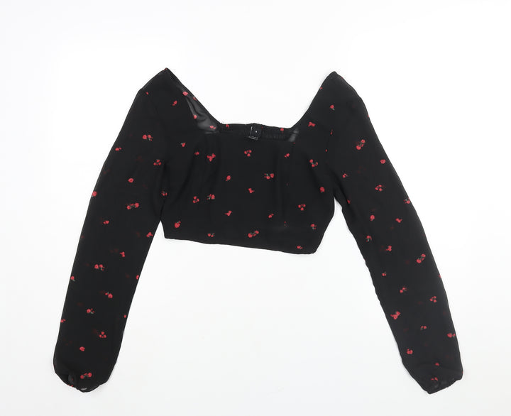 FACTORIE Womens Black Floral Polyester Cropped Blouse Size 8 Square Neck