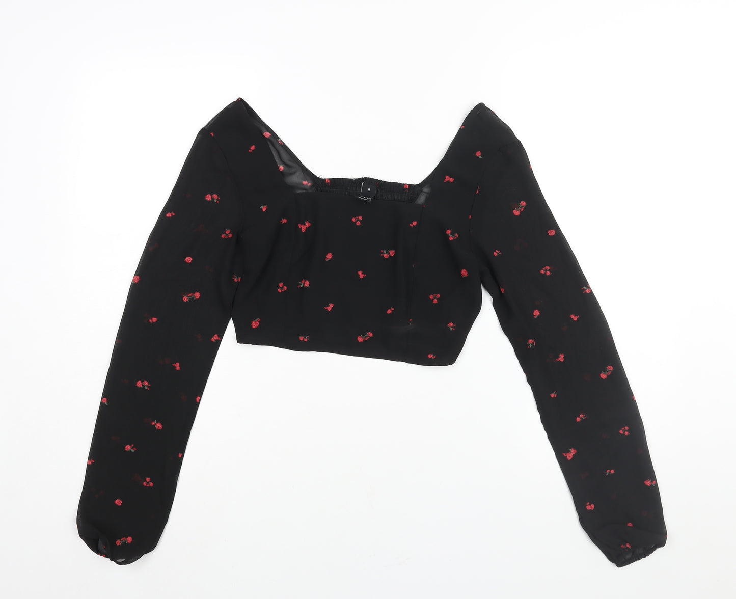 FACTORIE Womens Black Floral Polyester Cropped Blouse Size 8 Square Neck