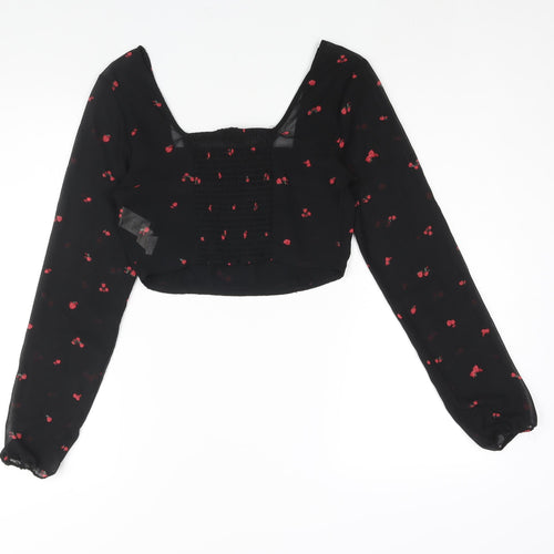 FACTORIE Womens Black Floral Polyester Cropped Blouse Size 8 Square Neck