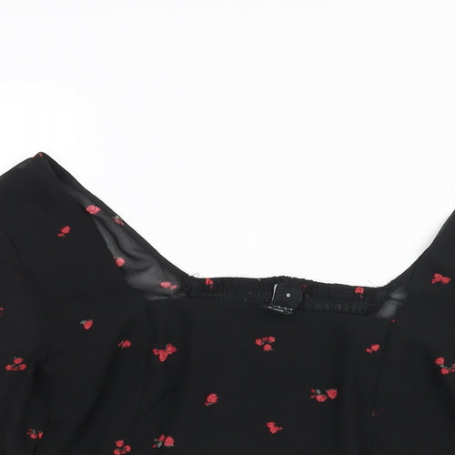 FACTORIE Womens Black Floral Polyester Cropped Blouse Size 8 Square Neck
