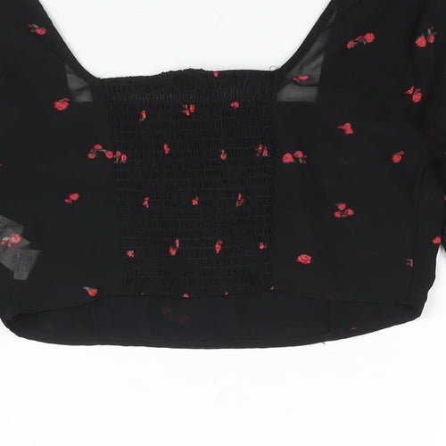 FACTORIE Womens Black Floral Polyester Cropped Blouse Size 8 Square Neck