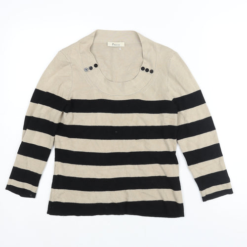Precis Womens Beige Round Neck Striped Viscose Pullover Jumper Size S - Button Detail
