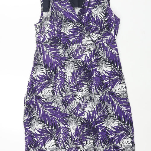 Maine Womens Purple Geometric Linen Shift Size 12 V-Neck Zip - Plant Print