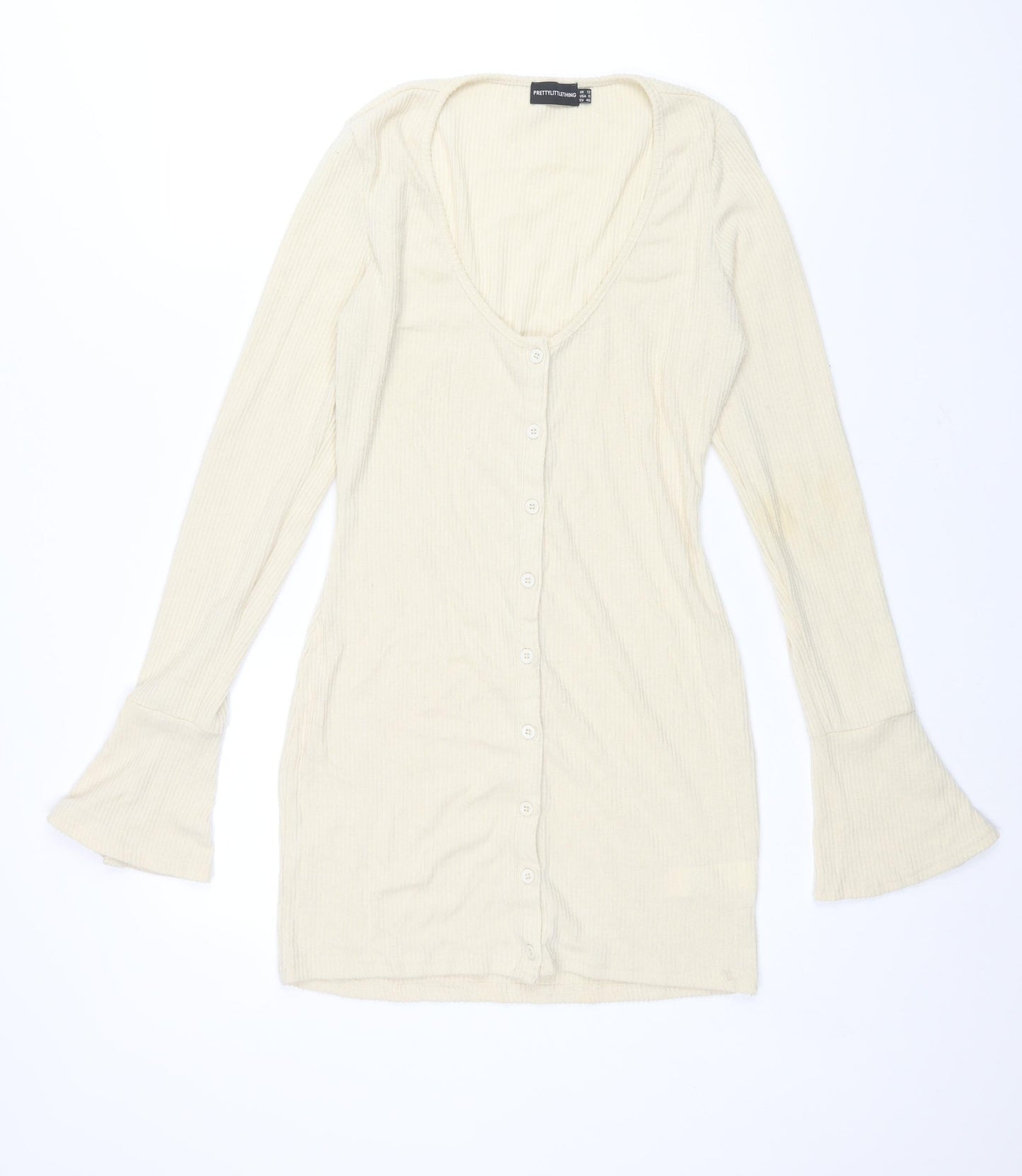 PRETTYLITTLETHING Womens Ivory Polyester Bodycon Size 12 V-Neck Button - Ribbed