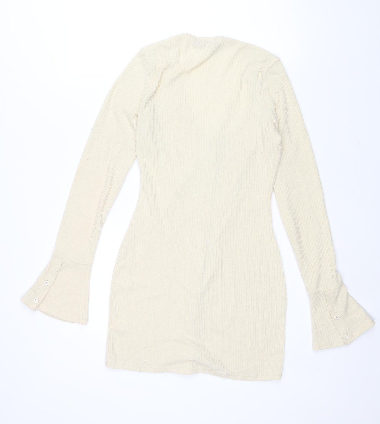 PRETTYLITTLETHING Womens Ivory Polyester Bodycon Size 12 V-Neck Button - Ribbed