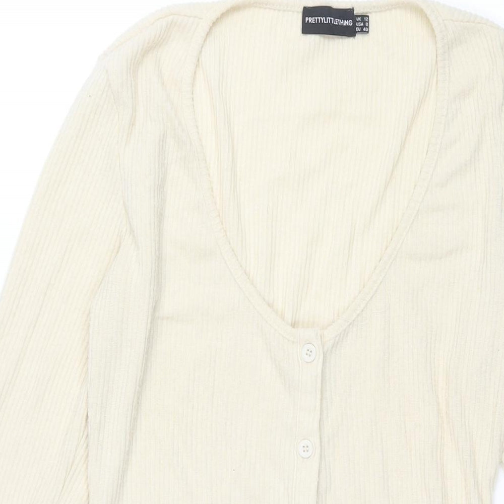 PRETTYLITTLETHING Womens Ivory Polyester Bodycon Size 12 V-Neck Button - Ribbed