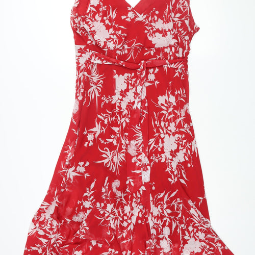 BHS Womens Red Floral Polyester Shift Size 20 V-Neck Pullover - Belted