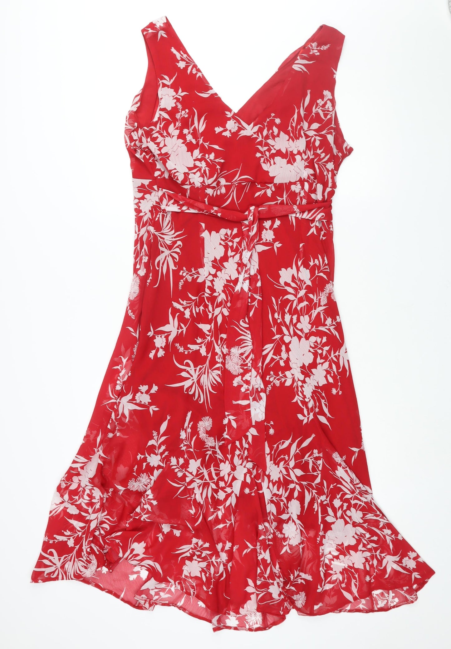 BHS Womens Red Floral Polyester Shift Size 20 V-Neck Pullover - Belted