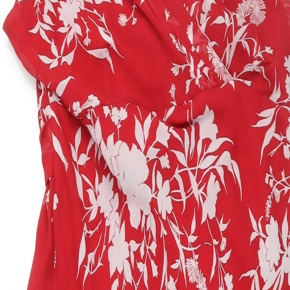 BHS Womens Red Floral Polyester Shift Size 20 V-Neck Pullover - Belted