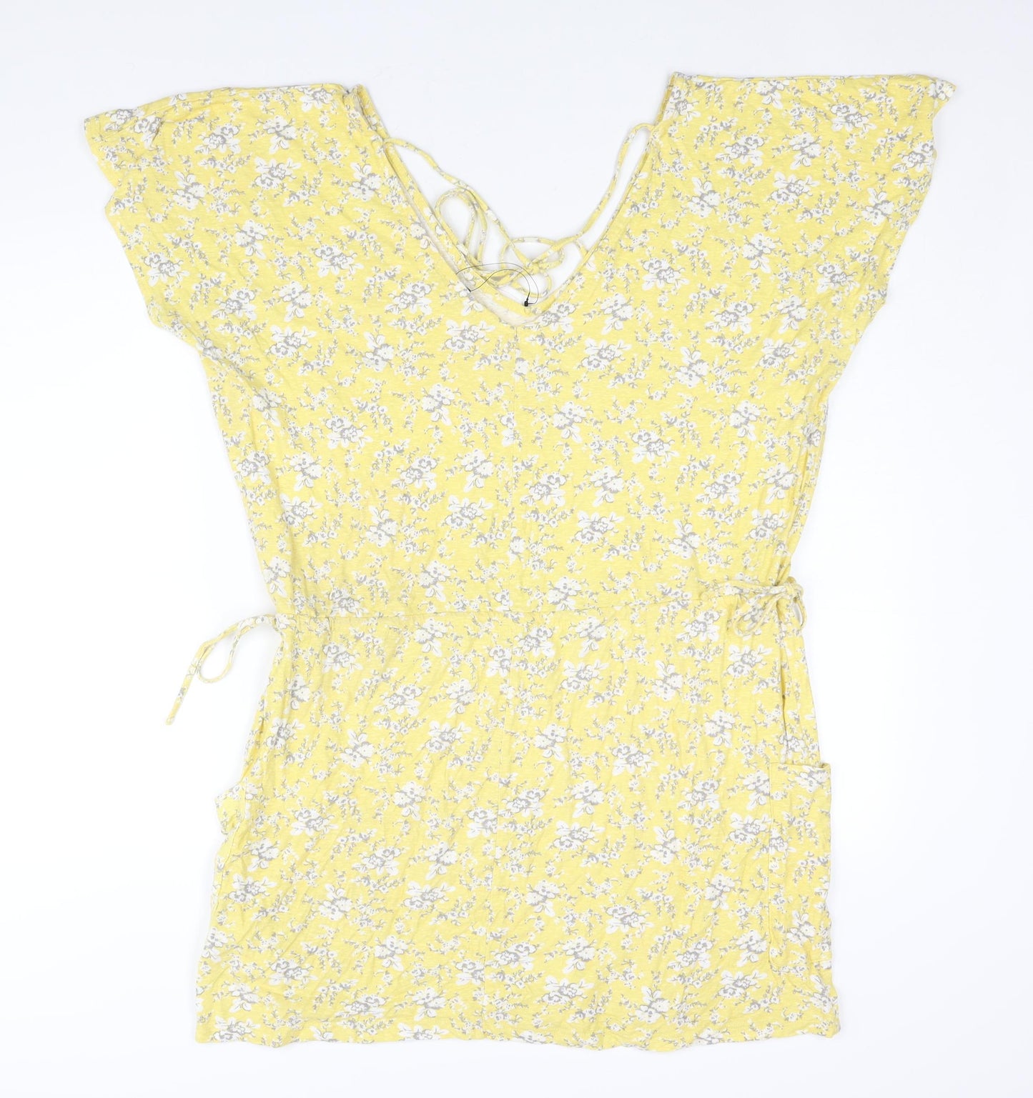 NEXT Womens Yellow Floral Cotton Shift Size 16 V-Neck Tie - Pocket Drawstring