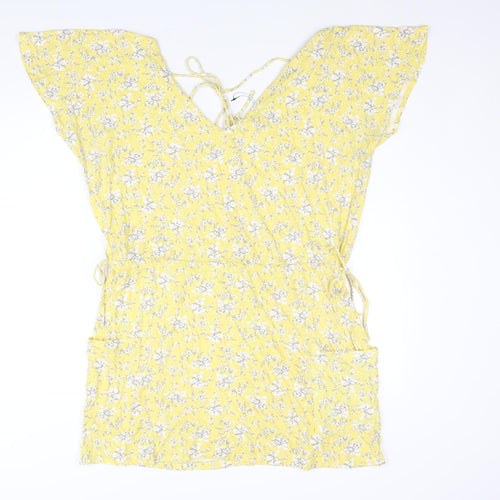 NEXT Womens Yellow Floral Cotton Shift Size 16 V-Neck Tie - Pocket Drawstring