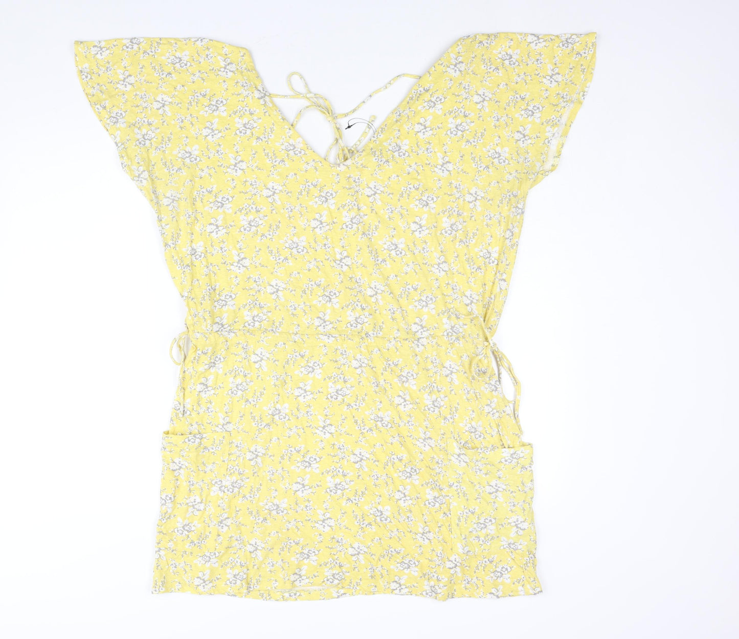 NEXT Womens Yellow Floral Cotton Shift Size 16 V-Neck Tie - Pocket Drawstring