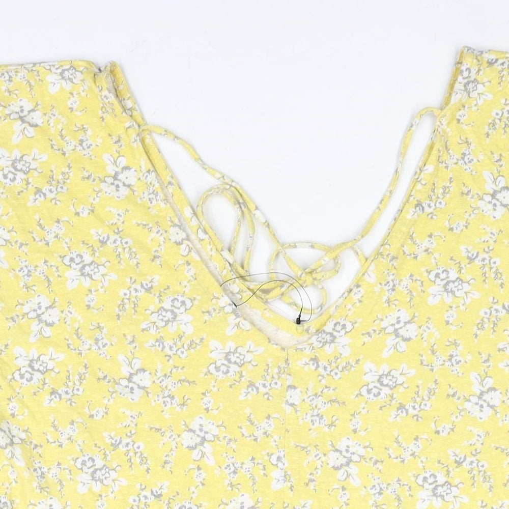 NEXT Womens Yellow Floral Cotton Shift Size 16 V-Neck Tie - Pocket Drawstring