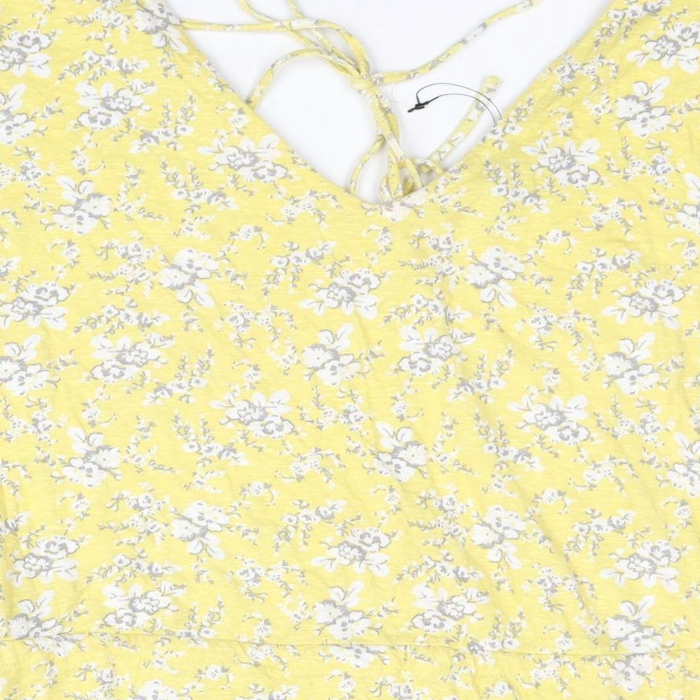 NEXT Womens Yellow Floral Cotton Shift Size 16 V-Neck Tie - Pocket Drawstring