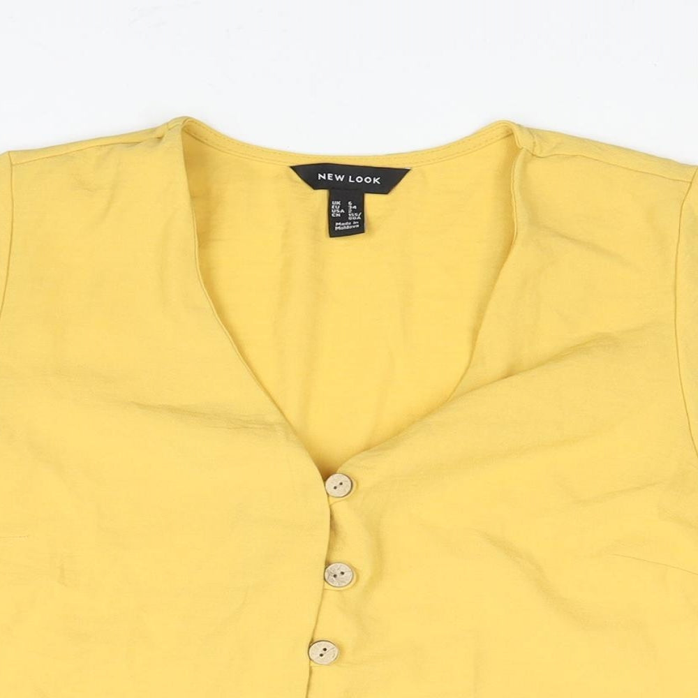 New Look Womens Yellow Polyester Basic Blouse Size 6 V-Neck