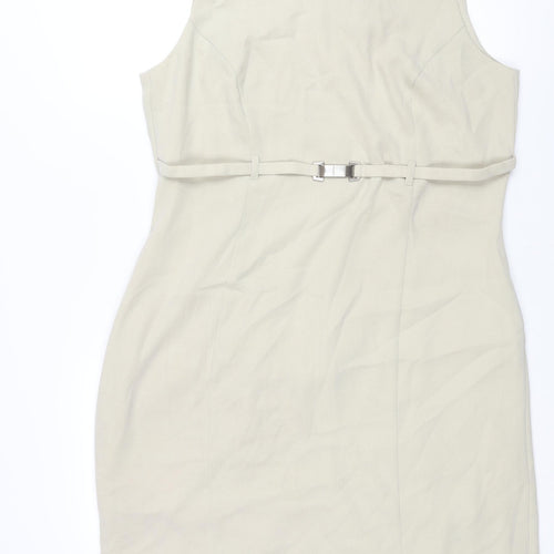 Kaliko Womens Beige Polyester Pencil Dress Size 16 Round Neck Zip - Vewnted Belt Detail