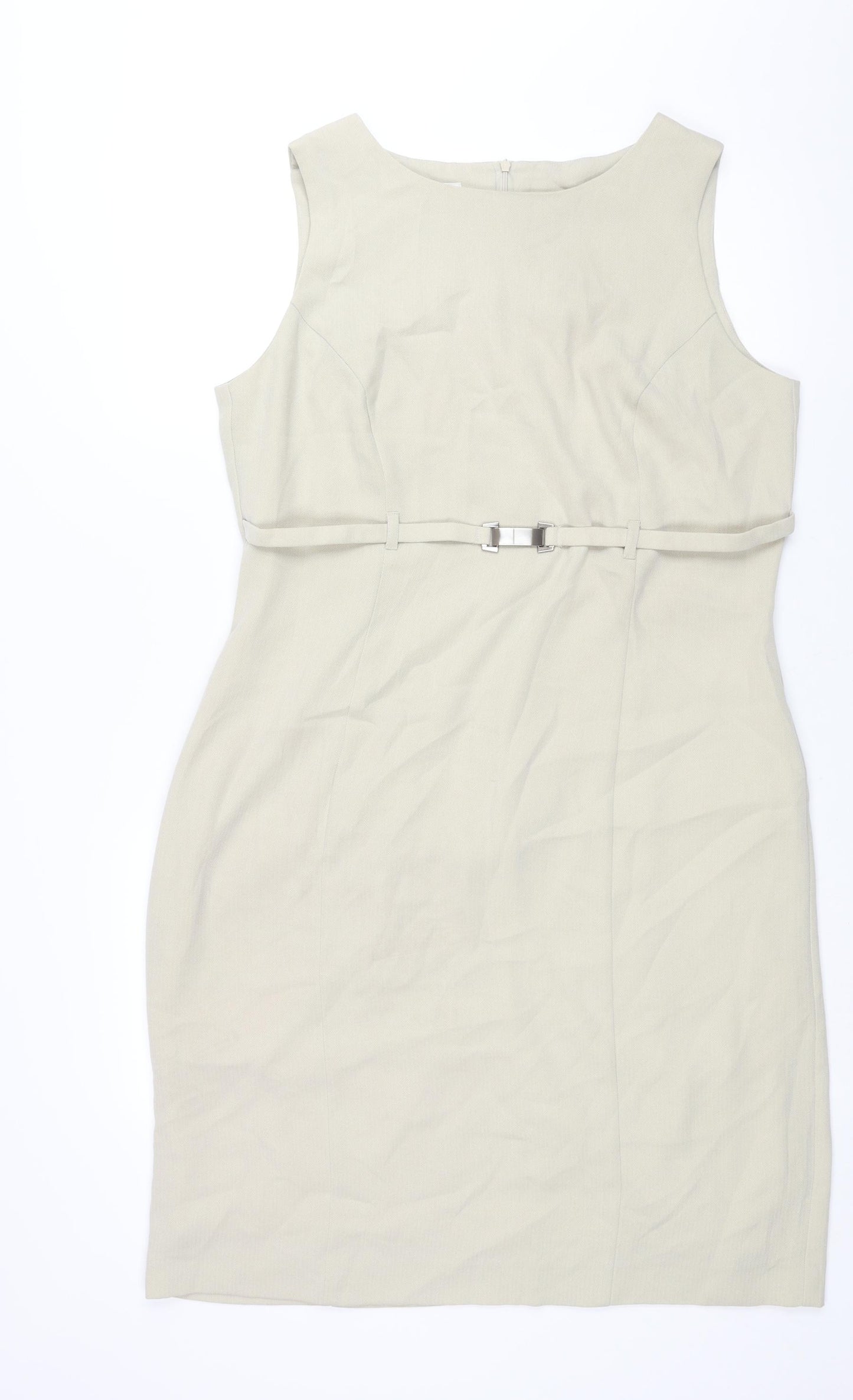 Kaliko Womens Beige Polyester Pencil Dress Size 16 Round Neck Zip - Vewnted Belt Detail