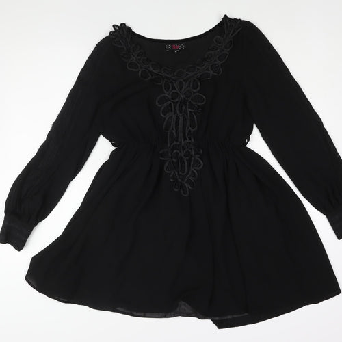 Frock and Frill Womens Black Polyester A-Line Size 10 Scoop Neck Pullover - Lace Detail Belted
