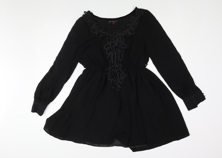 Frock and Frill Womens Black Polyester A-Line Size 10 Scoop Neck Pullover - Lace Detail Belted