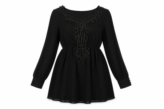 Front view of Frock and Frill women’s black polyester a-line, size UK 10, scoop neck pullover - lace detail belted