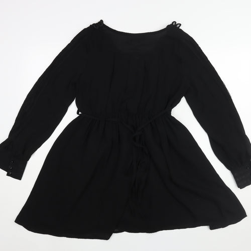 Frock and Frill Womens Black Polyester A-Line Size 10 Scoop Neck Pullover - Lace Detail Belted