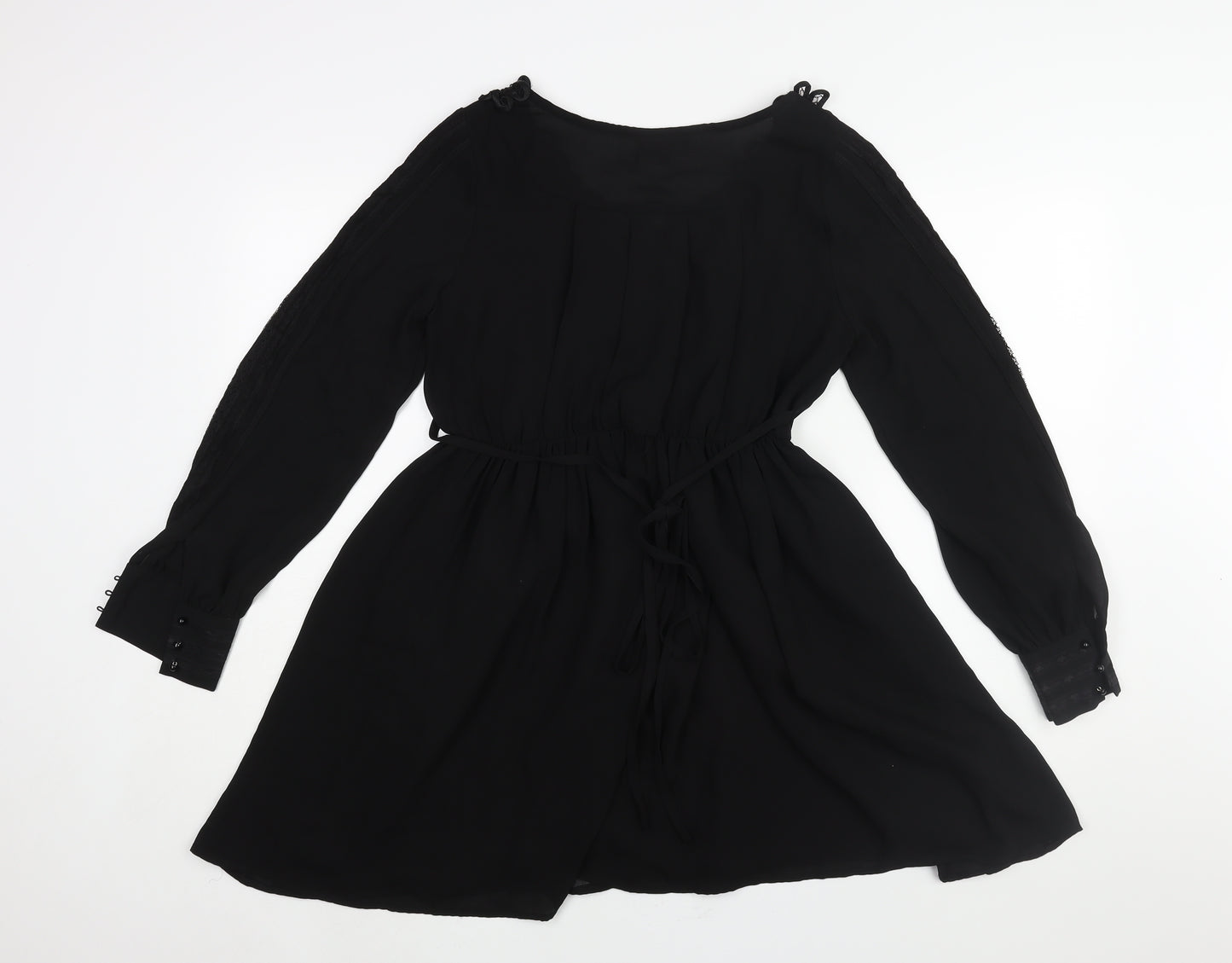Frock and Frill Womens Black Polyester A-Line Size 10 Scoop Neck Pullover - Lace Detail Belted