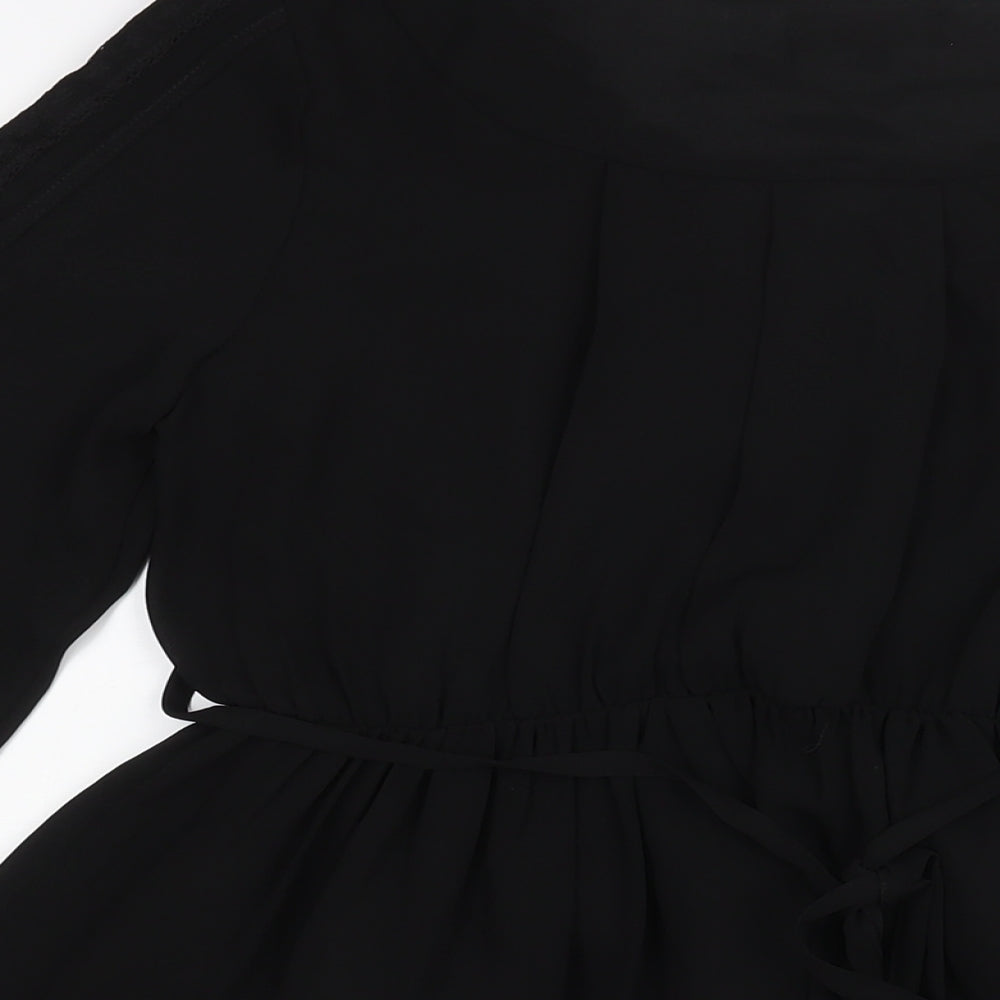 Frock and Frill Womens Black Polyester A-Line Size 10 Scoop Neck Pullover - Lace Detail Belted