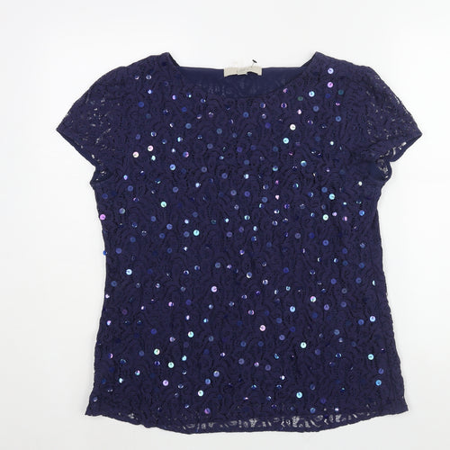 LOFT Womens Blue Nylon Basic Blouse Size M Round Neck - Sequin Detail