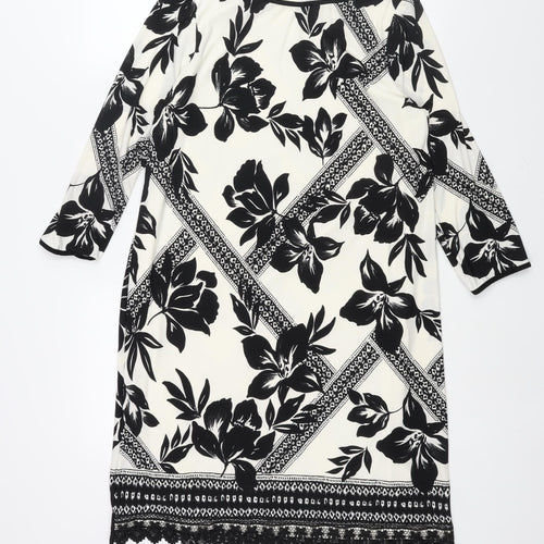 M&Co Womens Ivory Geometric Polyester Shift Size 14 Boat Neck Pullover - Lace Trim Floral Print